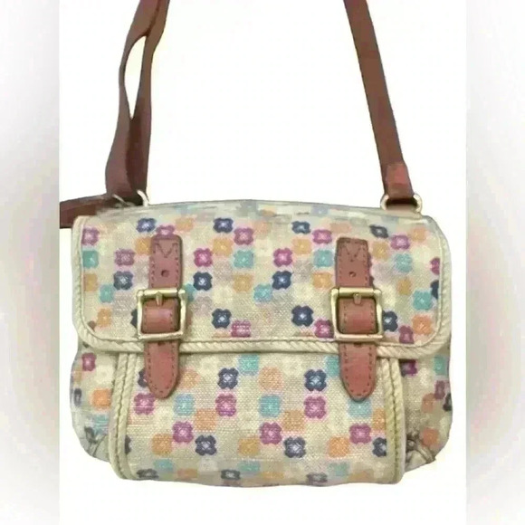 Fossil Crossbody Bag Fabric Canvas Multicolor Floral Leather Trim - Picture 3 of 9